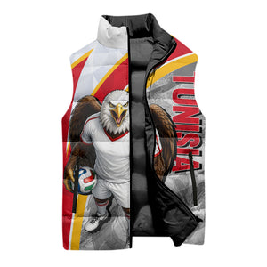 Personalized Tunisia Soccer Carthage Eagles Mascot Sleeveless Puffer Jacket Red And White Abstract Geometric Football Concept