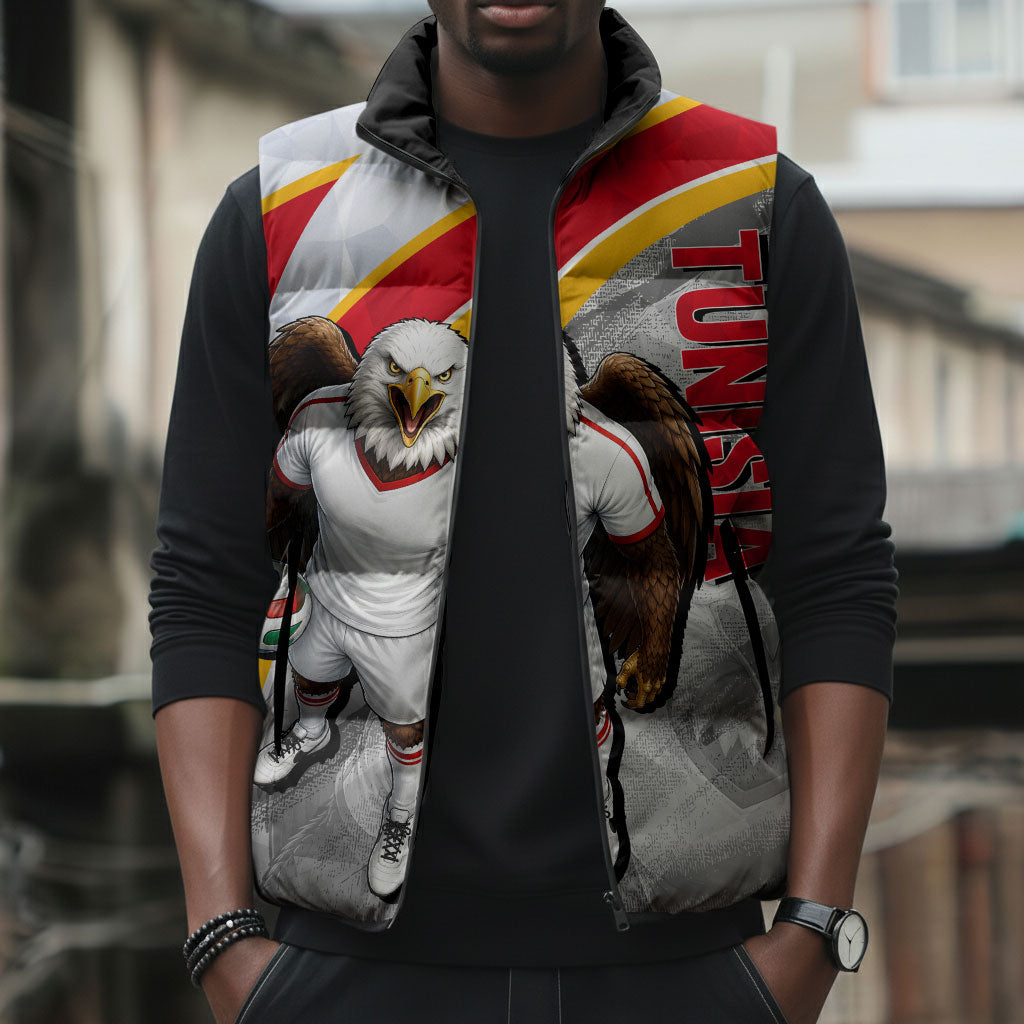 Personalized Tunisia Soccer Carthage Eagles Mascot Sleeveless Puffer Jacket Red And White Abstract Geometric Football Concept