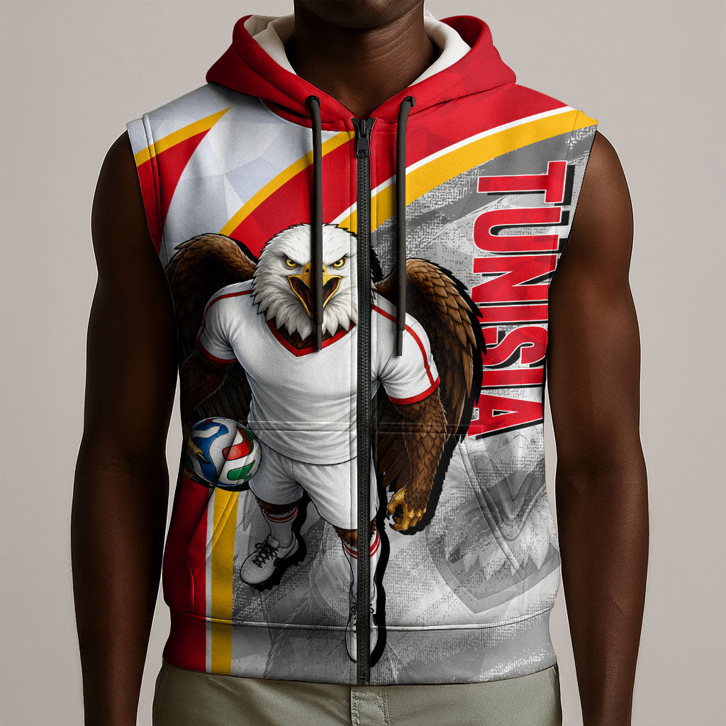 Personalized Tunisia Soccer Carthage Eagles Mascot Sleeveless Zip Hoodie Red And White Abstract Geometric Football Concept