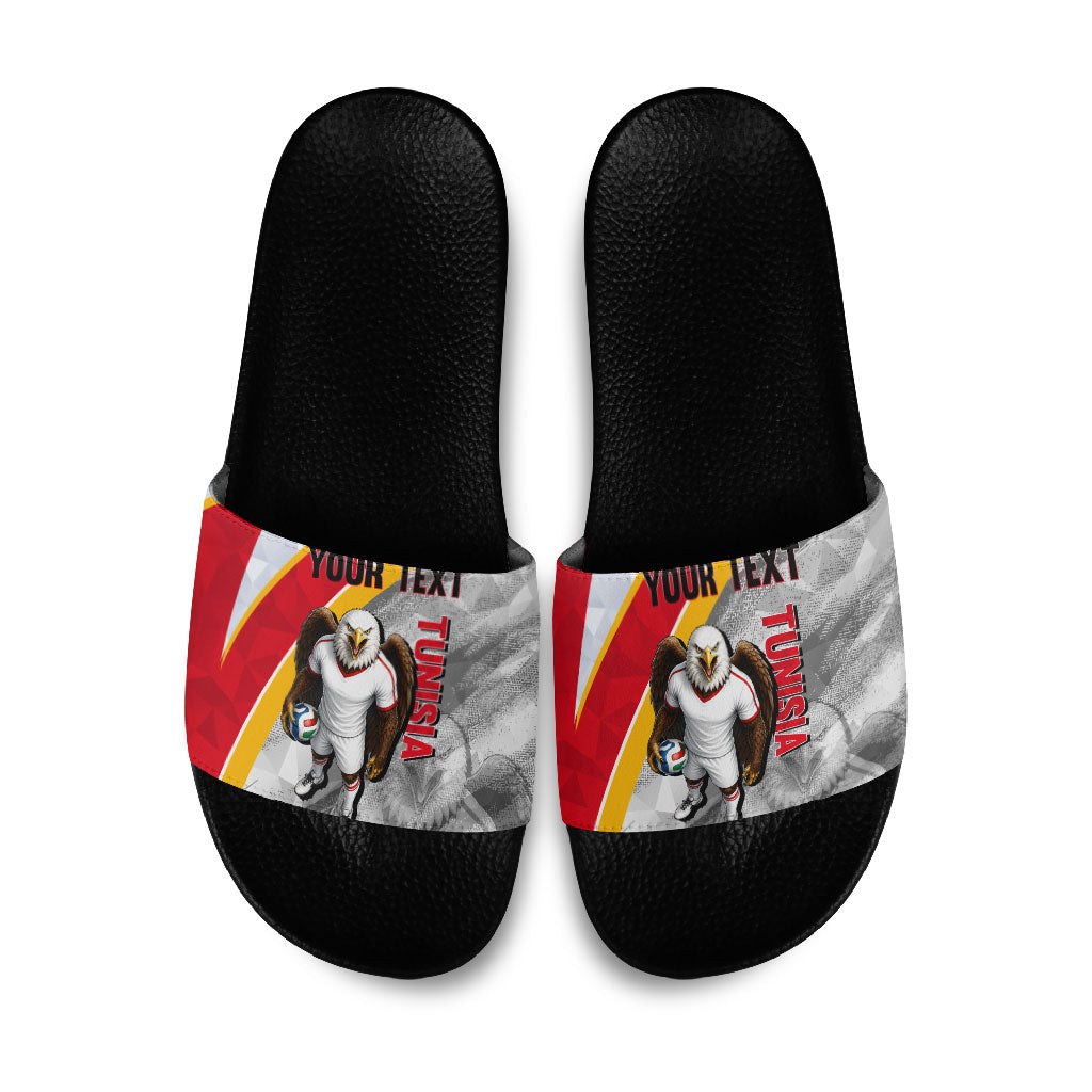 Personalized Tunisia Soccer Carthage Eagles Mascot Slide Sandals Red And White Abstract Geometric Football Concept