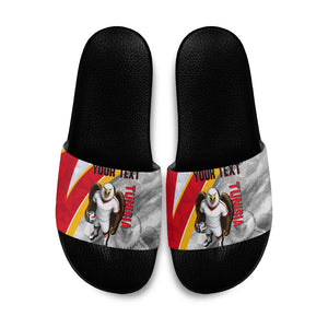 Personalized Tunisia Soccer Carthage Eagles Mascot Slide Sandals Red And White Abstract Geometric Football Concept