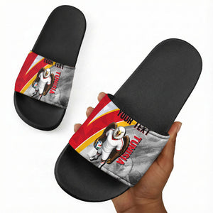 Personalized Tunisia Soccer Carthage Eagles Mascot Slide Sandals Red And White Abstract Geometric Football Concept
