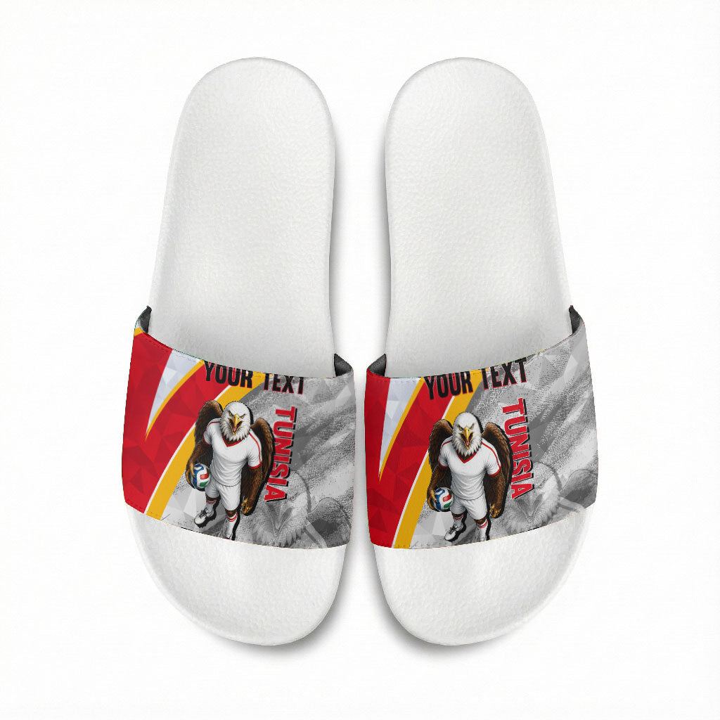 Personalized Tunisia Soccer Carthage Eagles Mascot Slide Sandals Red And White Abstract Geometric Football Concept