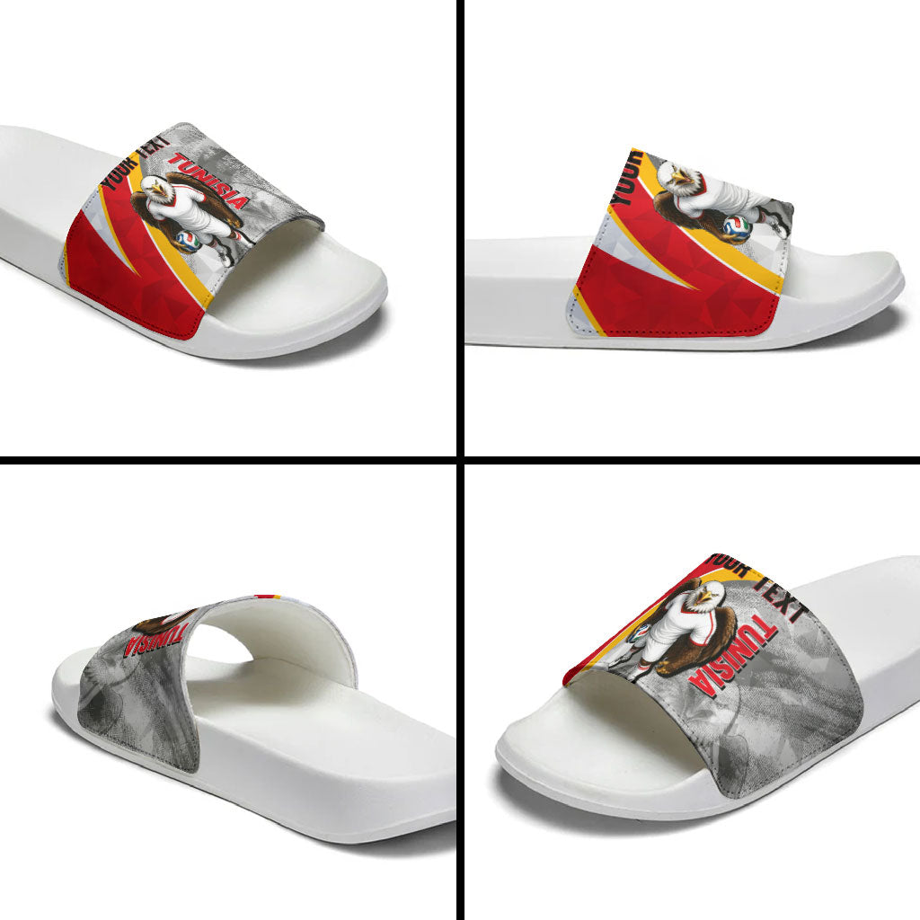 Personalized Tunisia Soccer Carthage Eagles Mascot Slide Sandals Red And White Abstract Geometric Football Concept