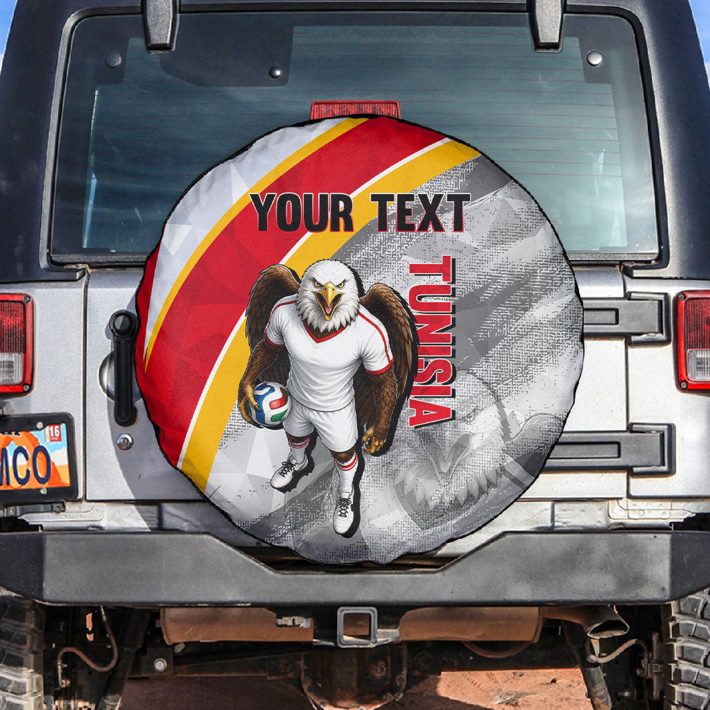 Personalized Tunisia Soccer Carthage Eagles Mascot Spare Tire Cover Red And White Abstract Geometric Football Concept
