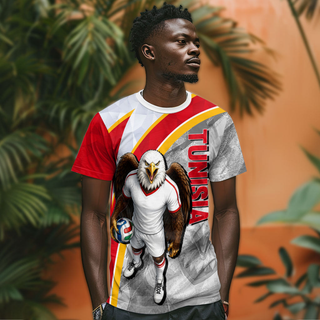 Personalized Tunisia Soccer Carthage Eagles Mascot T shirt Red And White Abstract Geometric Football Concept