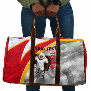 Personalized Tunisia Soccer Carthage Eagles Mascot Travel Bag Red And White Abstract Geometric Football Concept