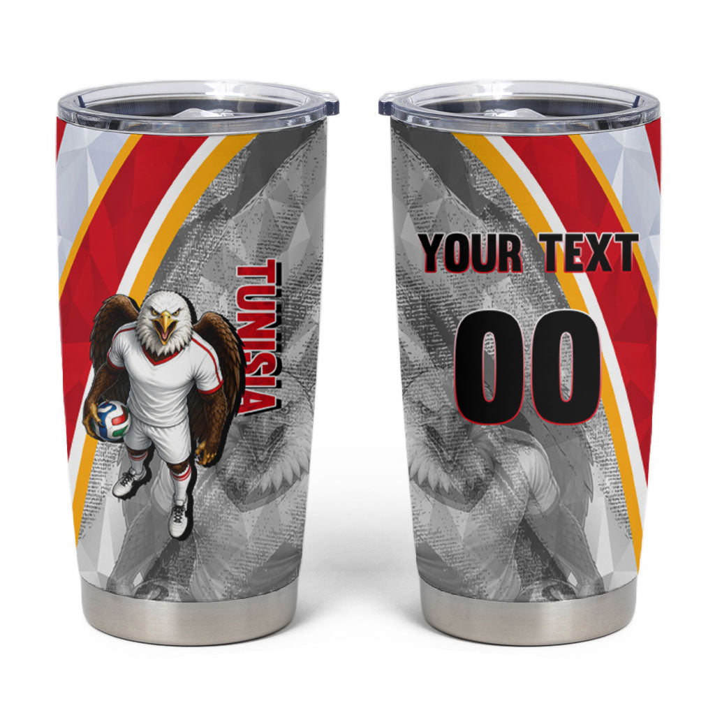 Personalized Tunisia Soccer Carthage Eagles Mascot Tumbler Cup Red And White Abstract Geometric Football Concept