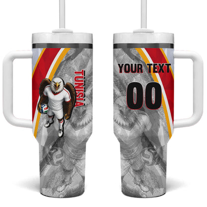 Personalized Tunisia Soccer Carthage Eagles Mascot Tumbler With Handle Red And White Abstract Geometric Football Concept