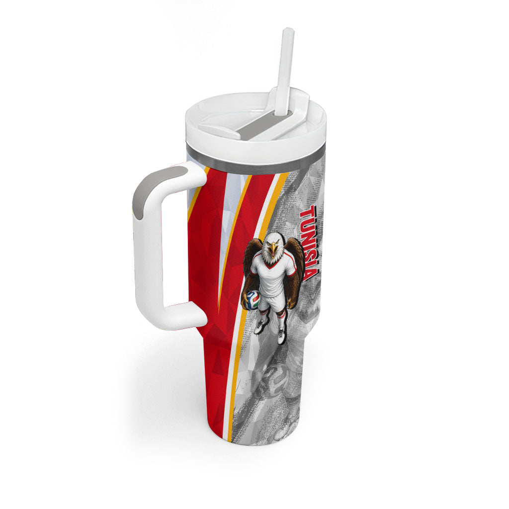 Personalized Tunisia Soccer Carthage Eagles Mascot Tumbler With Handle Red And White Abstract Geometric Football Concept