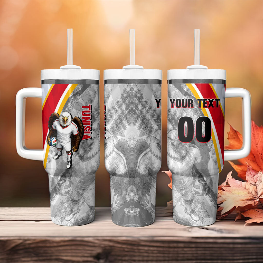 Personalized Tunisia Soccer Carthage Eagles Mascot Tumbler With Handle Red And White Abstract Geometric Football Concept