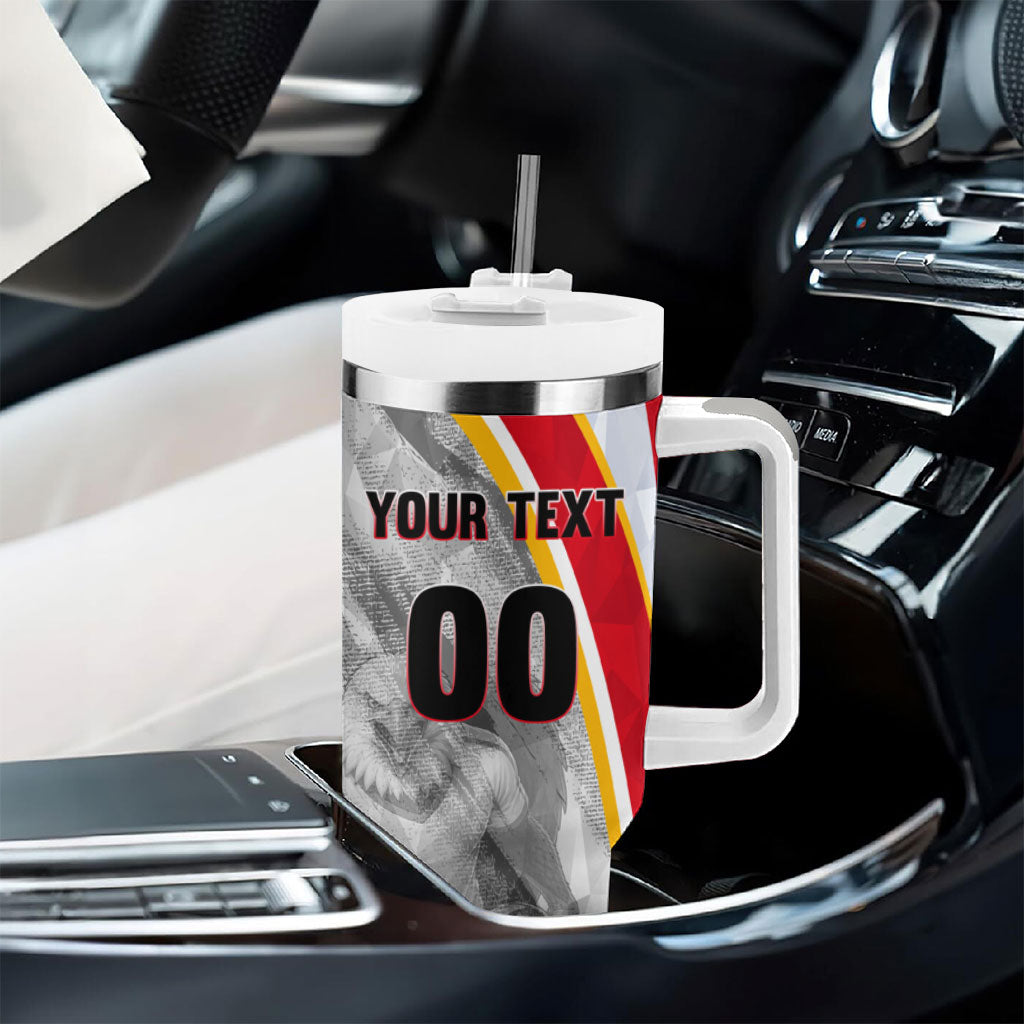 Personalized Tunisia Soccer Carthage Eagles Mascot Tumbler With Handle Red And White Abstract Geometric Football Concept