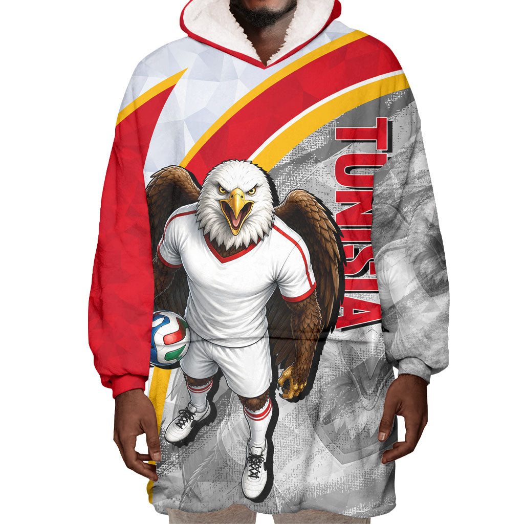 Personalized Tunisia Soccer Carthage Eagles Mascot Wearable Blanket Hoodie Red And White Abstract Geometric Football Concept