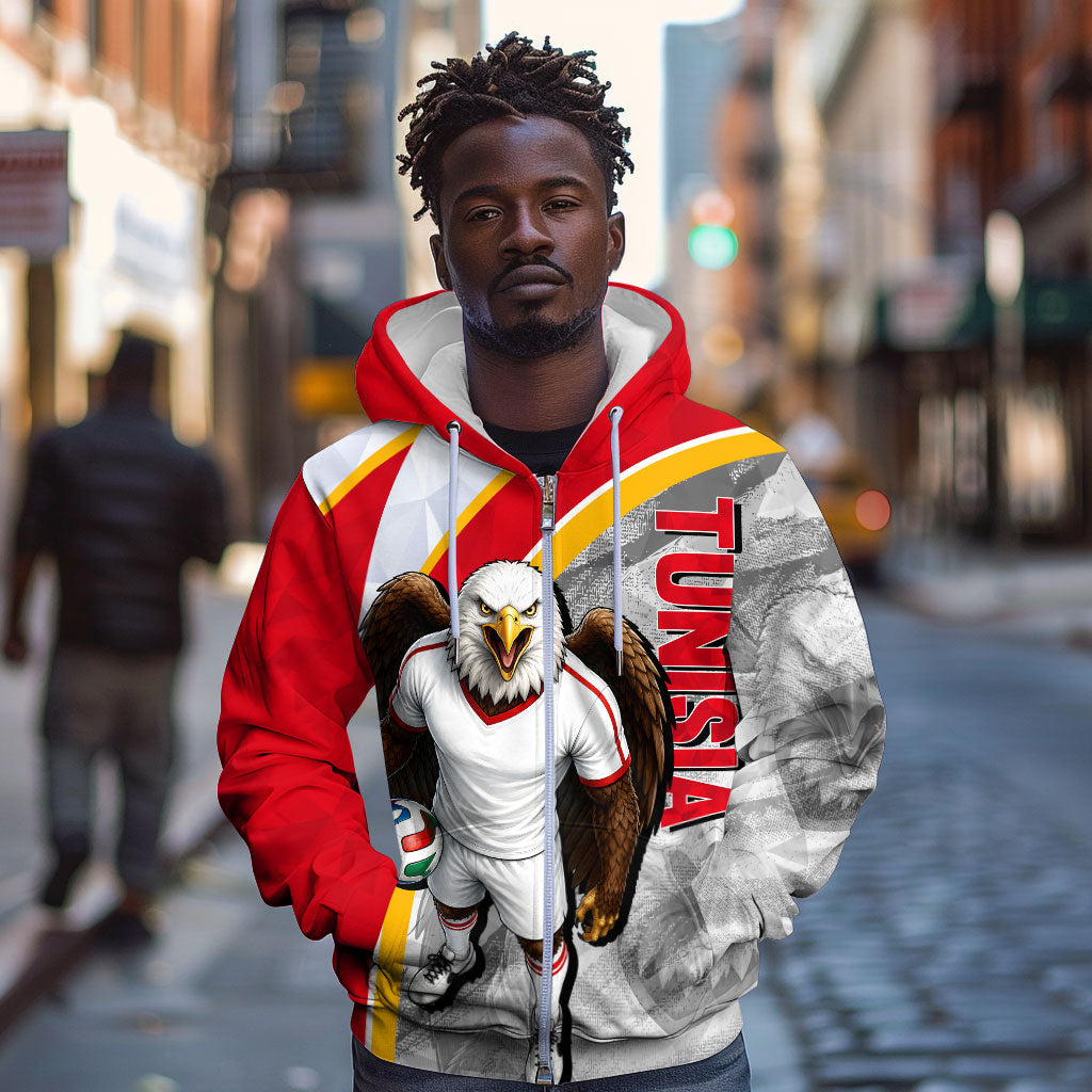 Personalized Tunisia Soccer Carthage Eagles Mascot Zip Hoodie Red And White Abstract Geometric Football Concept