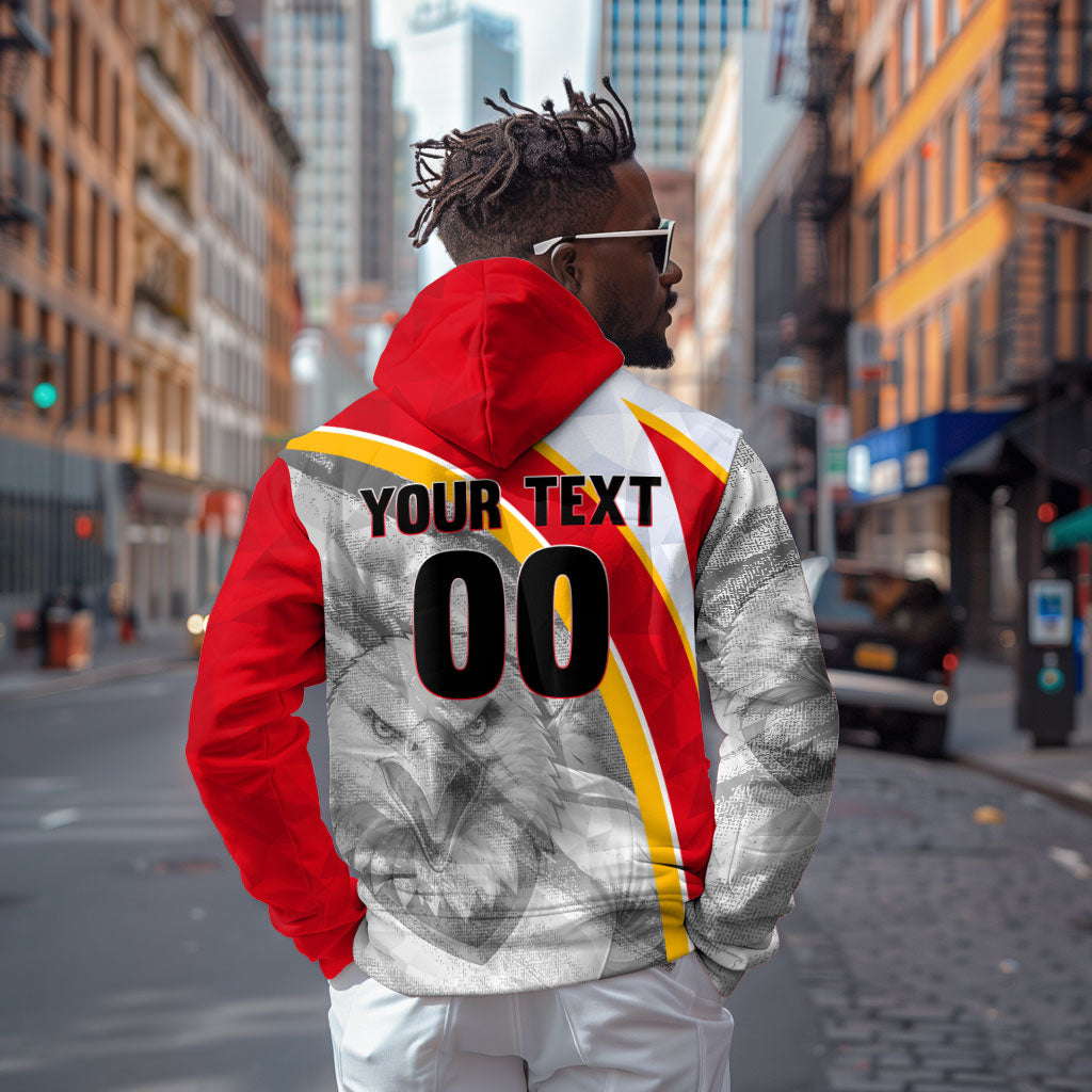 Personalized Tunisia Soccer Carthage Eagles Mascot Zip Hoodie Red And White Abstract Geometric Football Concept