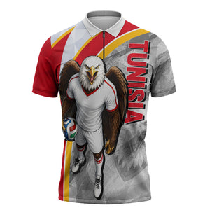Personalized Tunisia Soccer Carthage Eagles Mascot Zipper Polo Shirt Red And White Abstract Geometric Football Concept
