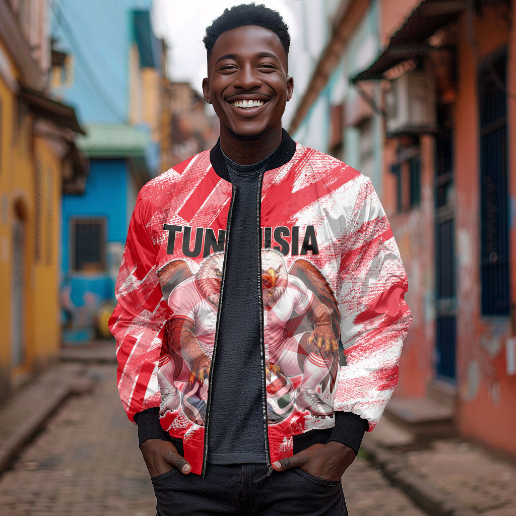 Personalized Tunisia Football Bomber Jacket Tunisian Flag Carthage Eagles Mascot Grunge Style
