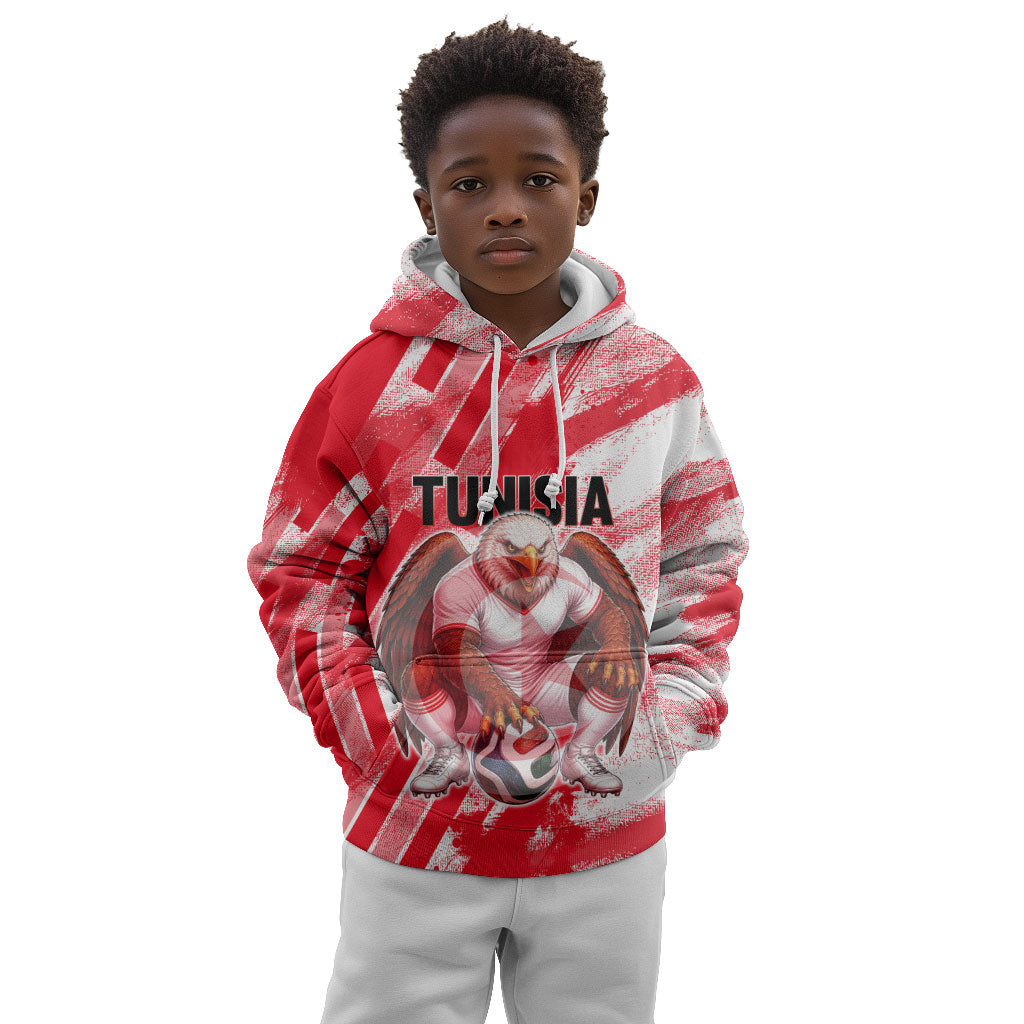 Personalized Tunisia Football Kid Hoodie Tunisian Flag Carthage Eagles Mascot Grunge Style