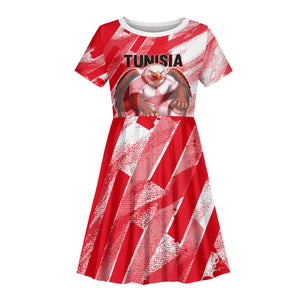 Personalized Tunisia Football Kid Short Sleeve Dress Tunisian Flag Carthage Eagles Mascot Grunge Style