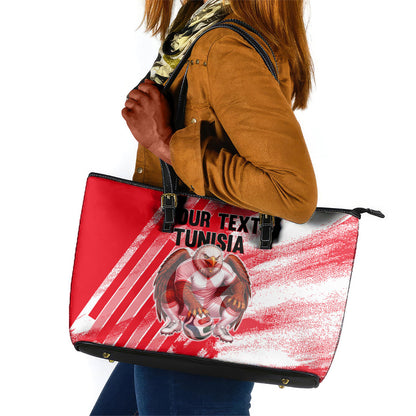 Personalized Tunisia Football Leather Tote Bag Tunisian Flag Carthage Eagles Mascot Grunge Style