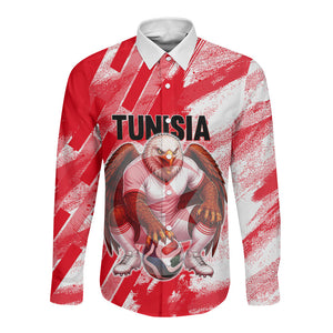 Personalized Tunisia Football Long Sleeve Button Shirt Tunisian Flag Carthage Eagles Mascot Grunge Style