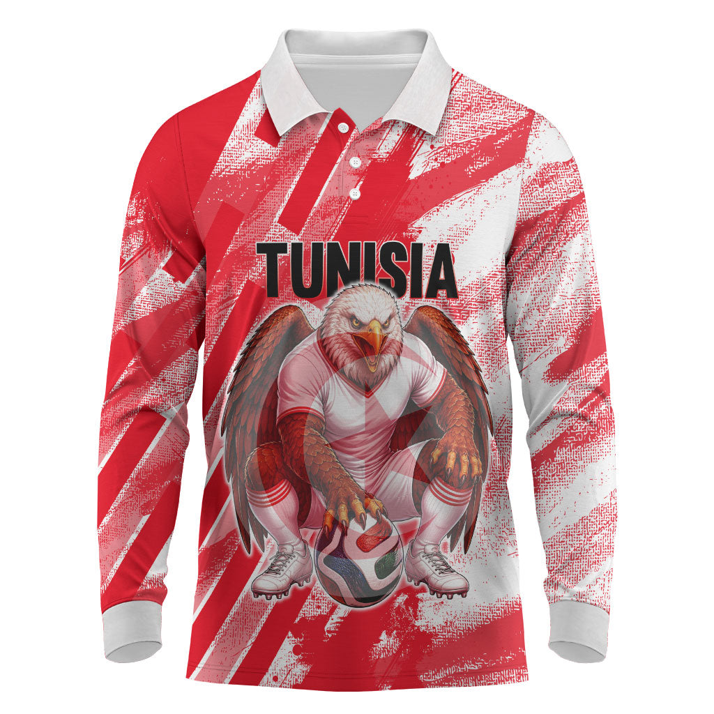 Personalized Tunisia Football Long Sleeve Polo Shirt Tunisian Flag Carthage Eagles Mascot Grunge Style