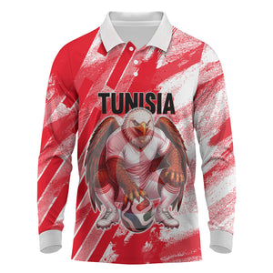 Personalized Tunisia Football Long Sleeve Polo Shirt Tunisian Flag Carthage Eagles Mascot Grunge Style