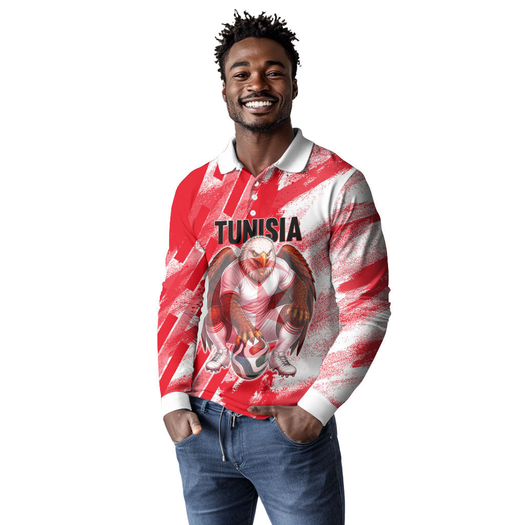 Personalized Tunisia Football Long Sleeve Polo Shirt Tunisian Flag Carthage Eagles Mascot Grunge Style