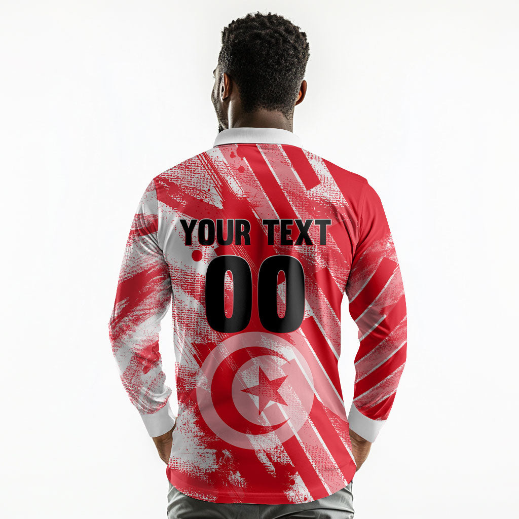 Personalized Tunisia Football Long Sleeve Polo Shirt Tunisian Flag Carthage Eagles Mascot Grunge Style