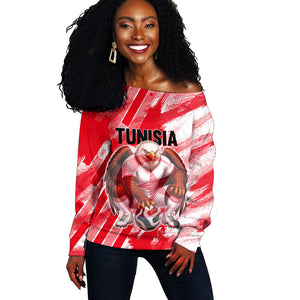 Personalized Tunisia Football Off Shoulder Sweater Tunisian Flag Carthage Eagles Mascot Grunge Style