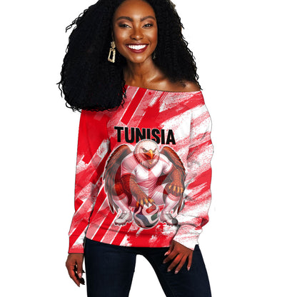 Personalized Tunisia Football Off Shoulder Sweater Tunisian Flag Carthage Eagles Mascot Grunge Style