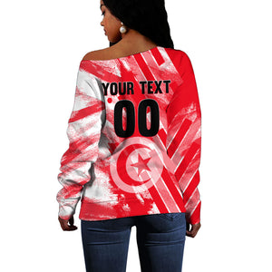 Personalized Tunisia Football Off Shoulder Sweater Tunisian Flag Carthage Eagles Mascot Grunge Style