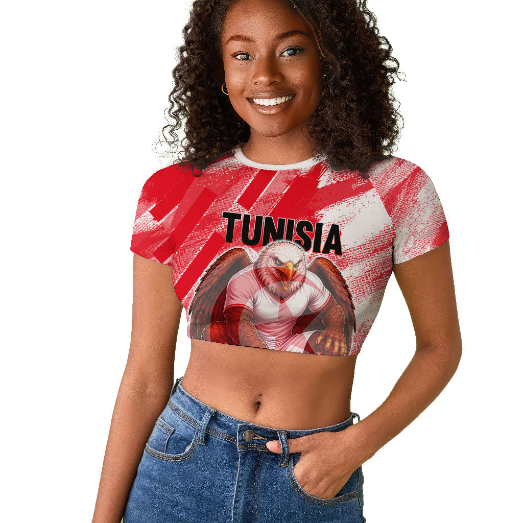 Personalized Tunisia Football Raglan Cropped T shirt Tunisian Flag Carthage Eagles Mascot Grunge Style