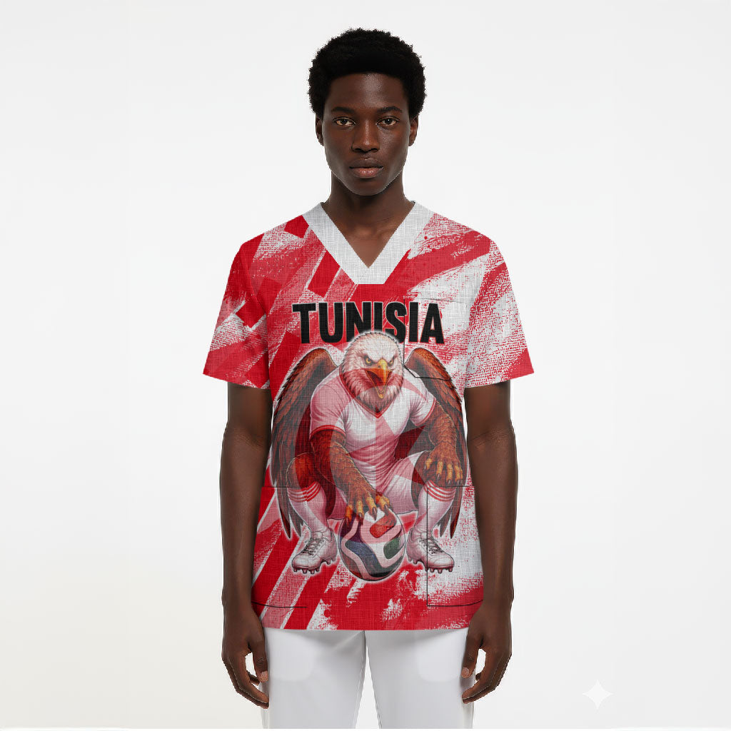 Personalized Tunisia Football Scrub Top Tunisian Flag Carthage Eagles Mascot Grunge Style