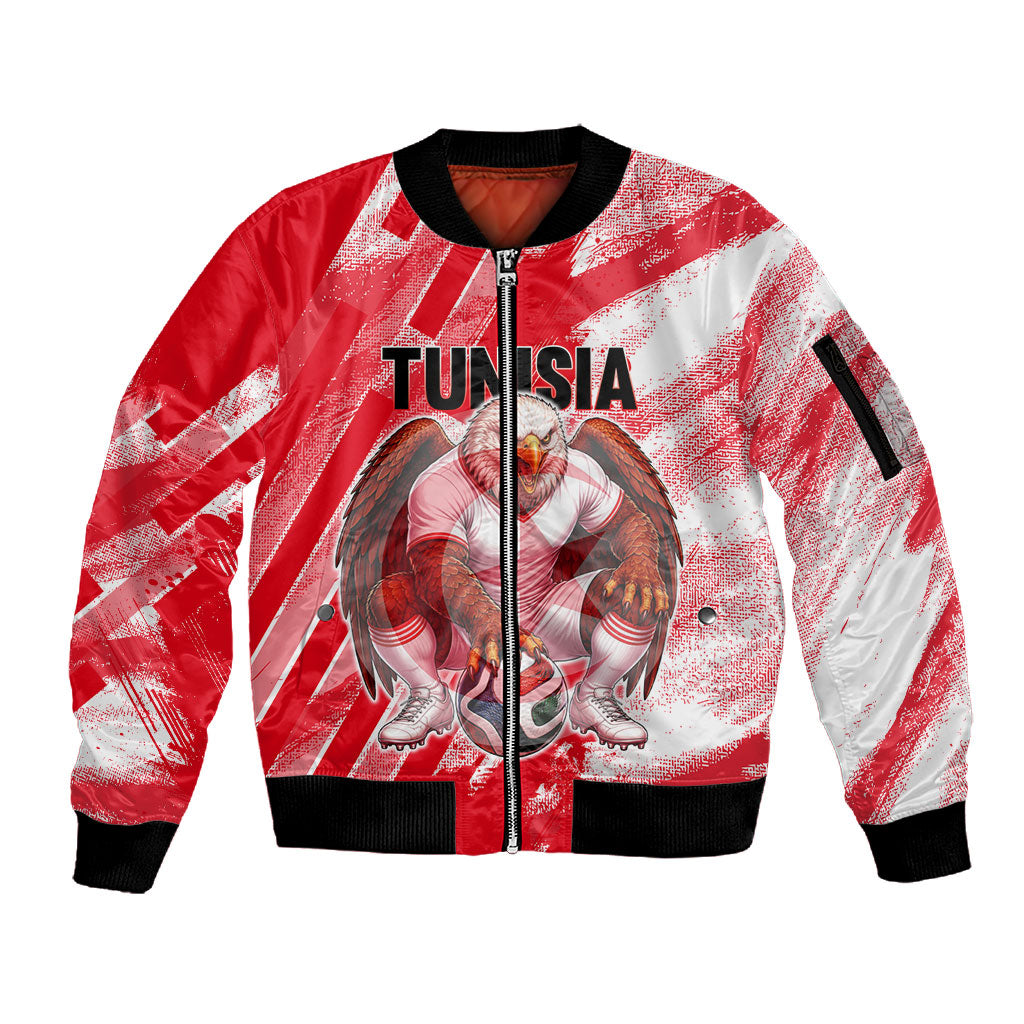 Personalized Tunisia Football Sleeve Zip Bomber Jacket Tunisian Flag Carthage Eagles Mascot Grunge Style