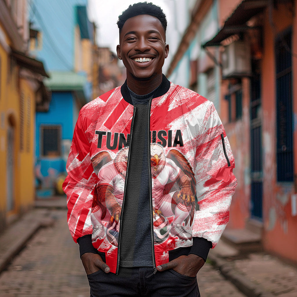 Personalized Tunisia Football Sleeve Zip Bomber Jacket Tunisian Flag Carthage Eagles Mascot Grunge Style
