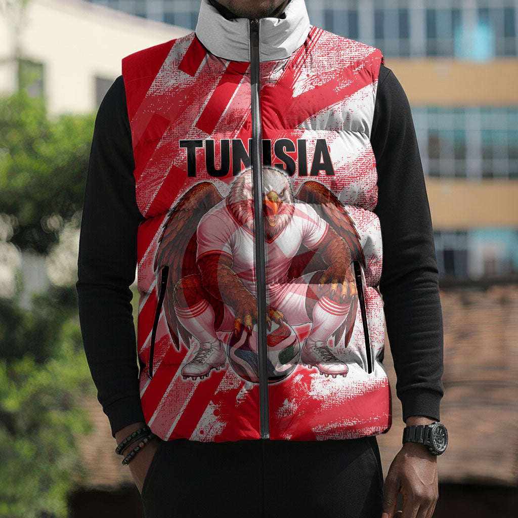 Personalized Tunisia Football Sleeveless Puffer Jacket Tunisian Flag Carthage Eagles Mascot Grunge Style