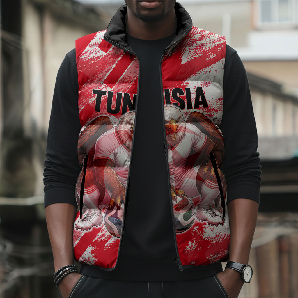Personalized Tunisia Football Sleeveless Puffer Jacket Tunisian Flag Carthage Eagles Mascot Grunge Style