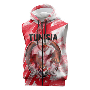 Personalized Tunisia Football Sleeveless Zip Hoodie Tunisian Flag Carthage Eagles Mascot Grunge Style