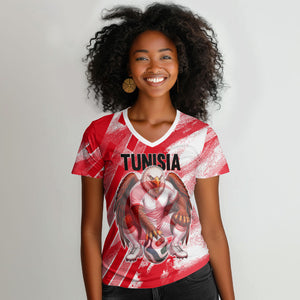 Personalized Tunisia Football Women V-Neck T-Shirt Tunisian Flag Carthage Eagles Mascot Grunge Style