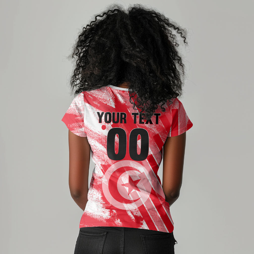 Personalized Tunisia Football Women V-Neck T-Shirt Tunisian Flag Carthage Eagles Mascot Grunge Style