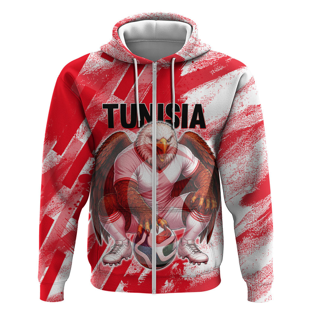 Personalized Tunisia Football Zip Hoodie Tunisian Flag Carthage Eagles Mascot Grunge Style