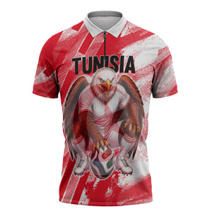 Personalized Tunisia Football Zipper Polo Shirt Tunisian Flag Carthage Eagles Mascot Grunge Style