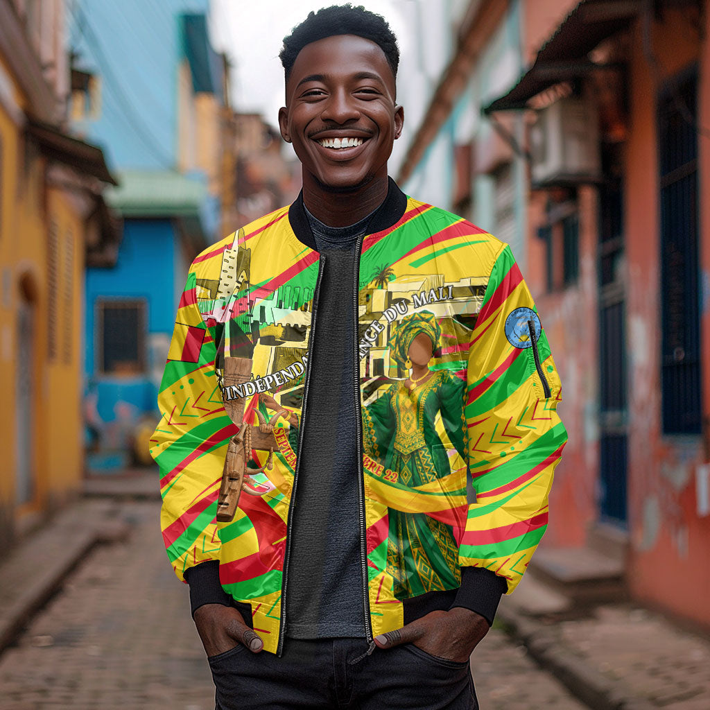 Mali Independence Day Sleeve Zip Bomber Jacket Traditional West African Cultural Pride Flag Colors
