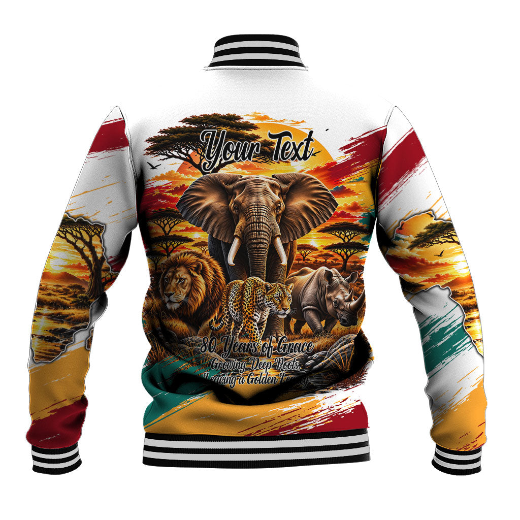 Personalized 80th Birthday African Safari Baseball Jacket Sunset Savanna Landscape Heritage Wildlife Art