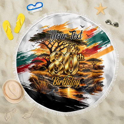 Personalized 80th Birthday African Safari Beach Blanket Sunset Savanna Landscape Heritage Wildlife Art
