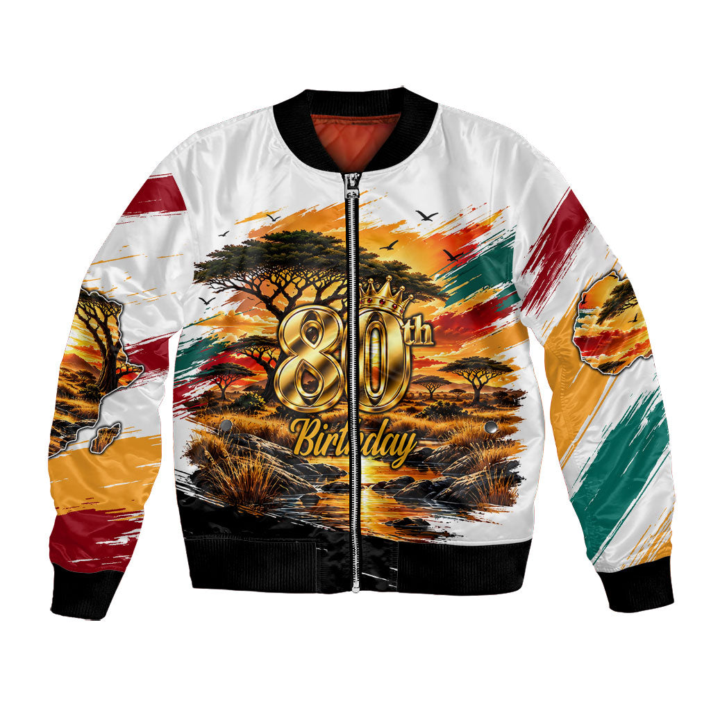 Personalized 80th Birthday African Safari Bomber Jacket Sunset Savanna Landscape Heritage Wildlife Art