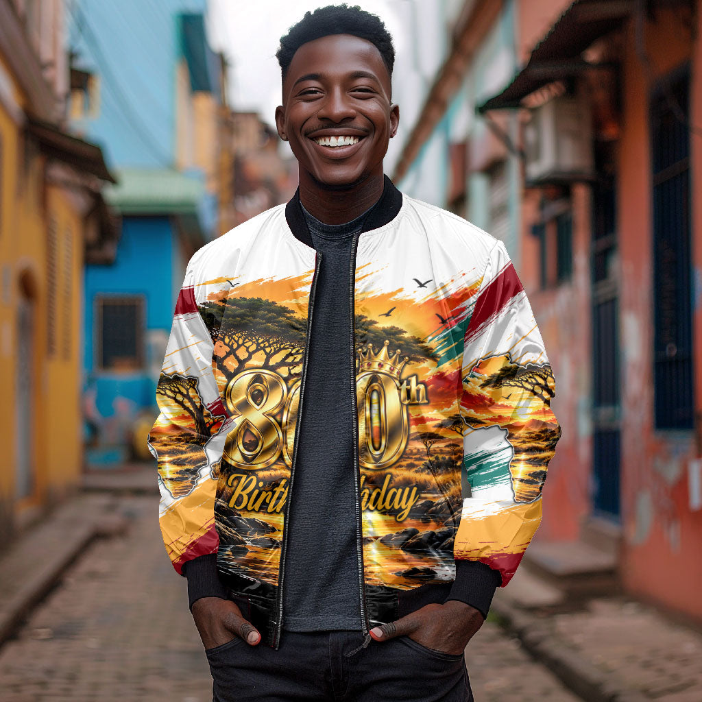 Personalized 80th Birthday African Safari Bomber Jacket Sunset Savanna Landscape Heritage Wildlife Art