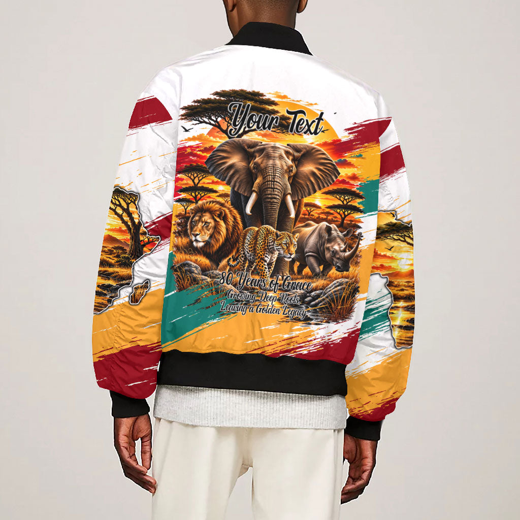 Personalized 80th Birthday African Safari Bomber Jacket Sunset Savanna Landscape Heritage Wildlife Art