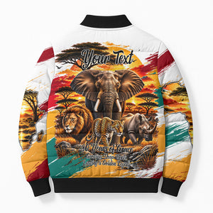 Personalized 80th Birthday African Safari Bomber Puffer Jacket Sunset Savanna Landscape Heritage Wildlife Art